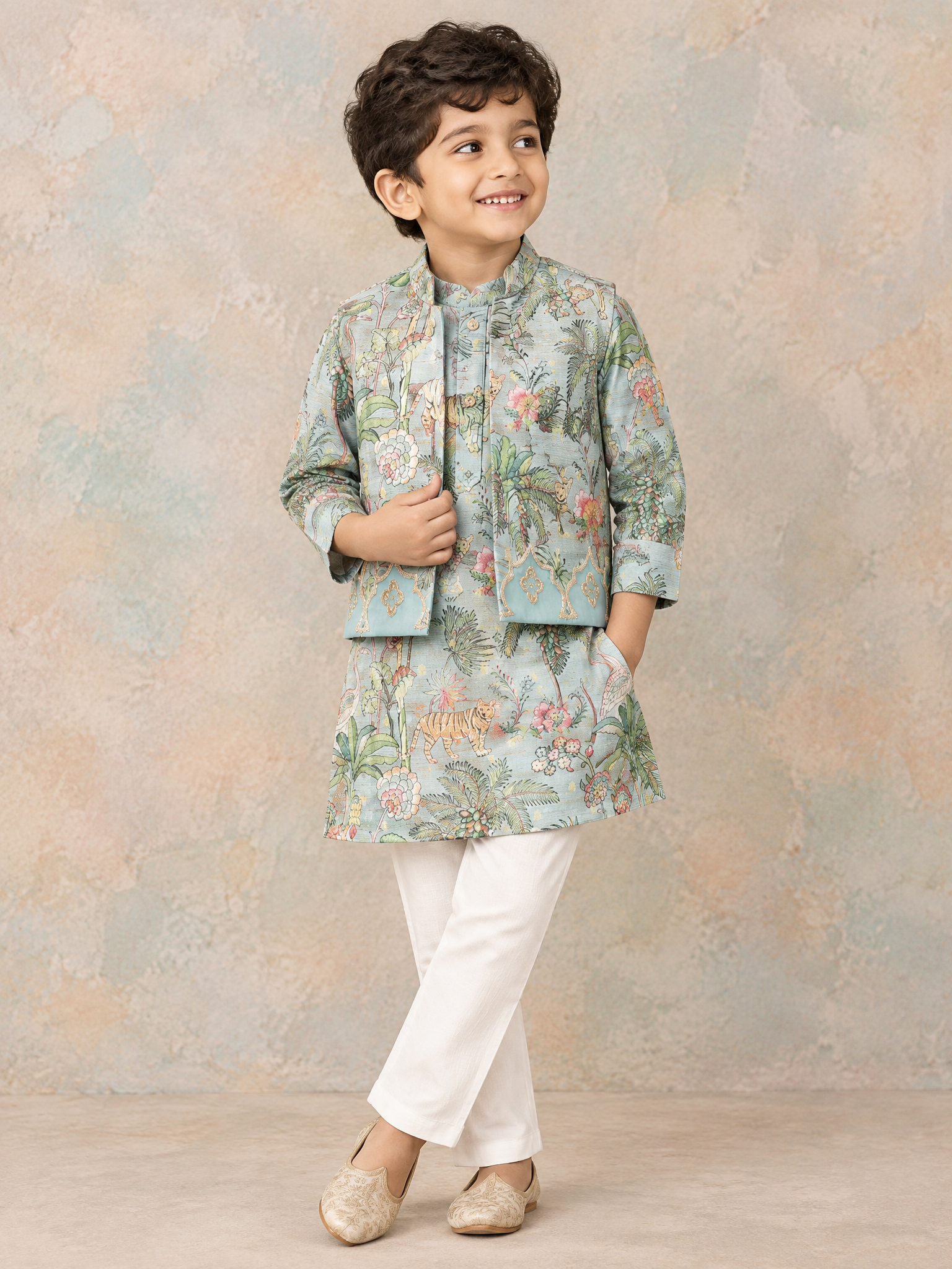 Jungle Printed Jacket Style Kurta With Pyjama