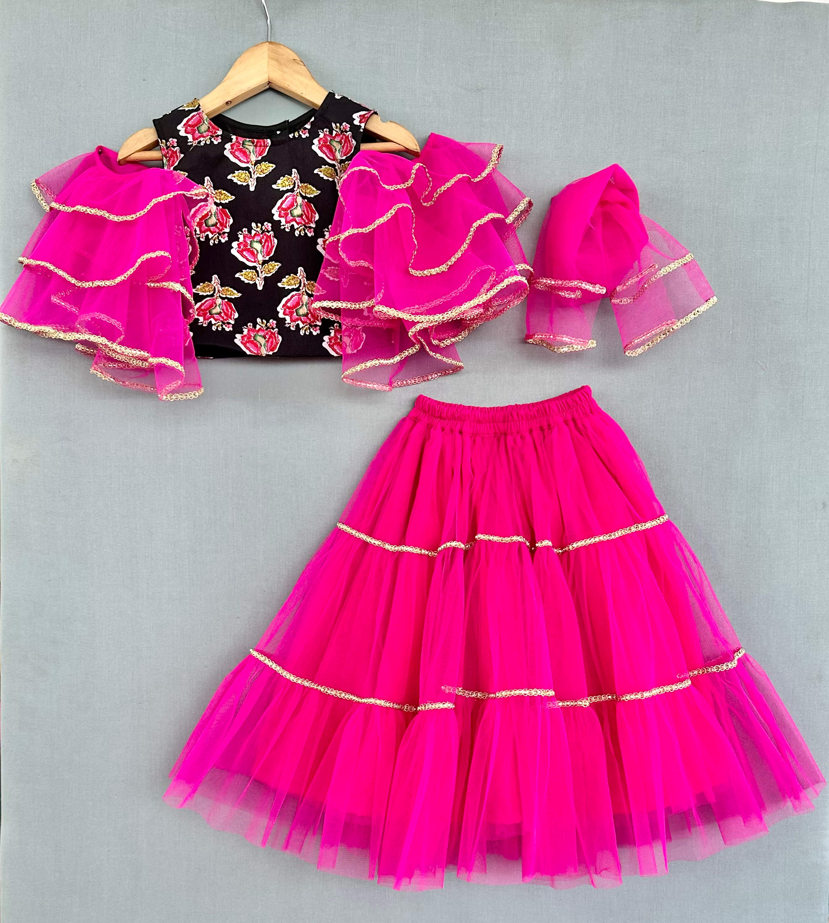 Ruffle sleeves cotton printed top with Pink Lehenga Set