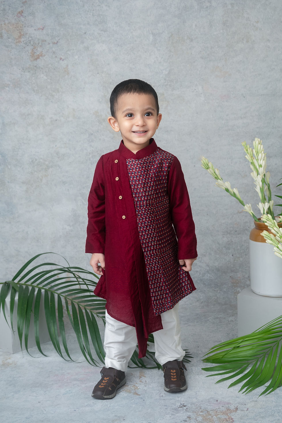 Thumbnail: Maroon Asymmetrical Kurta Set with Handblock Printed Panel