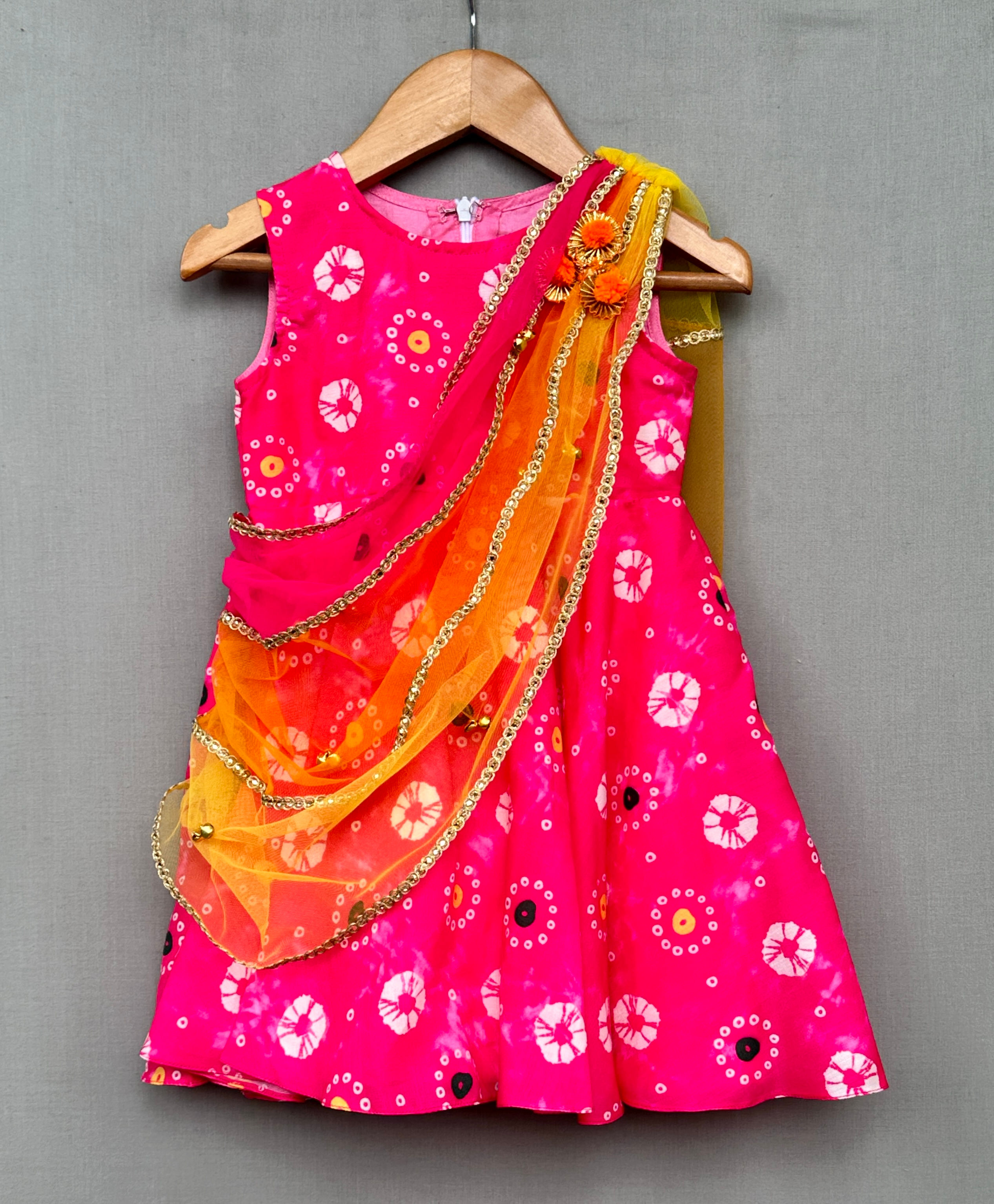Festive Pink Printed Dress with Multicolour Attched Dupatta