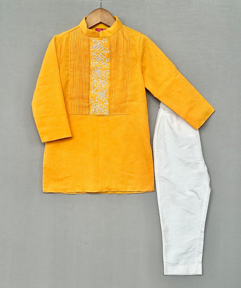 Thumbnail: Yellow Embroidered Pin Tuck Detailed Kurta With Pyjama