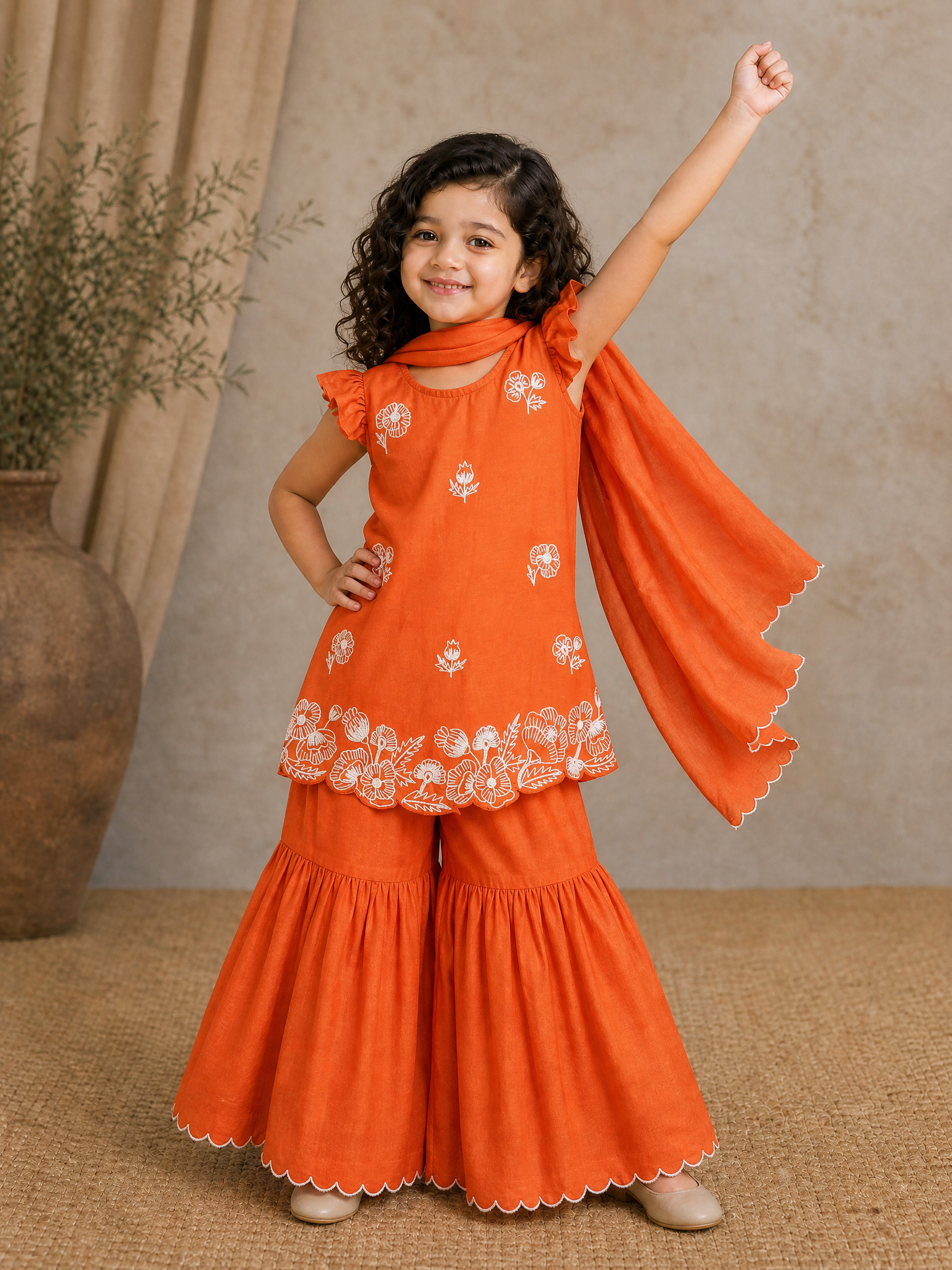 Floral Embroidered Kurti With Sharara And Dupatta