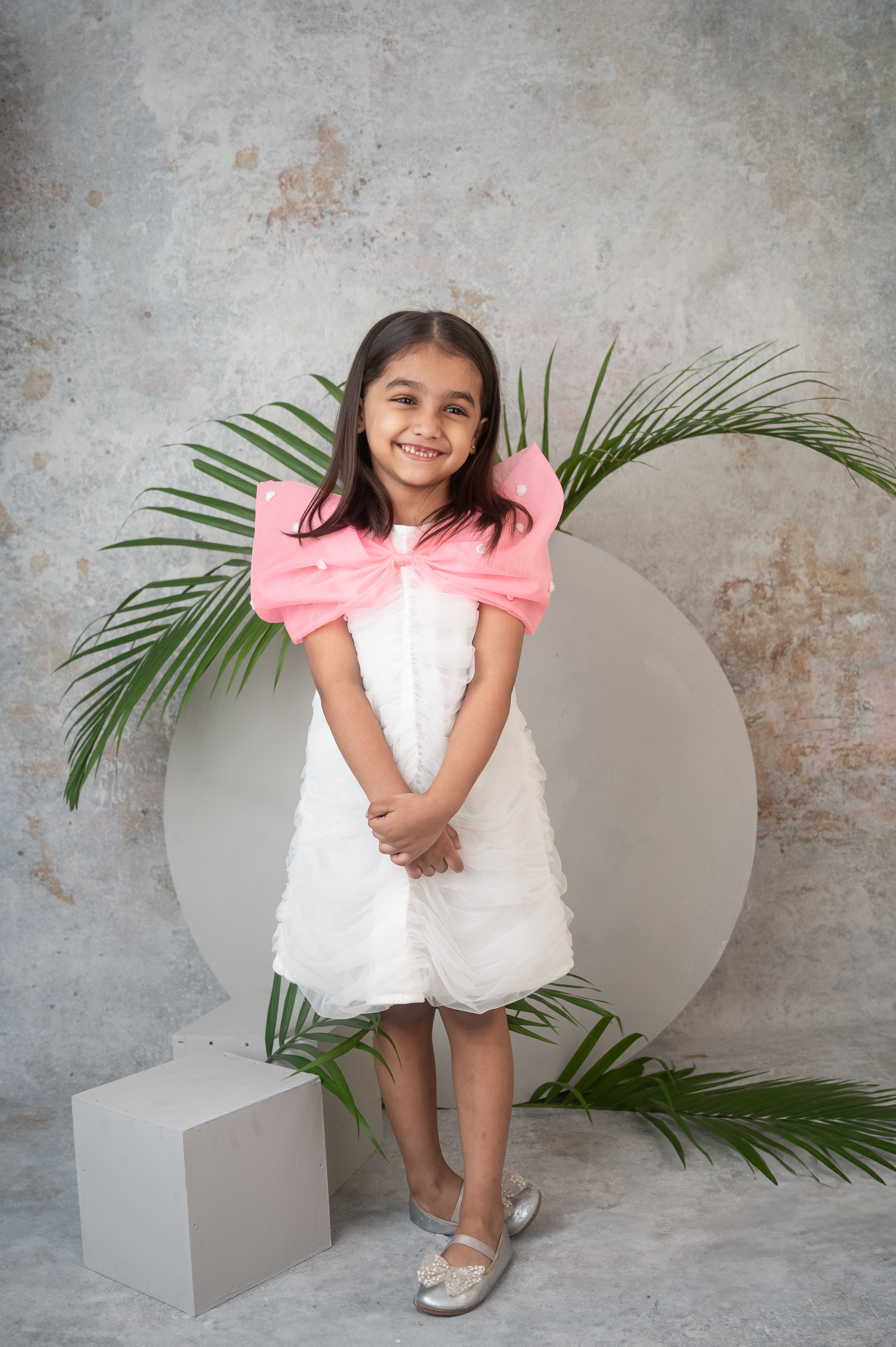 Ruched detailed Dress in Net with Pink Organza Bow