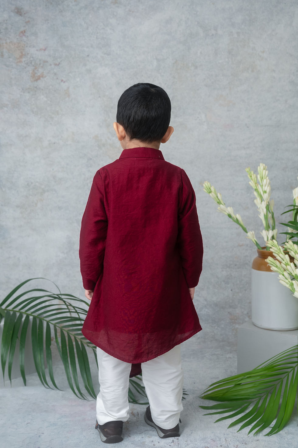 Thumbnail: Maroon Asymmetrical Kurta Set with Handblock Printed Panel