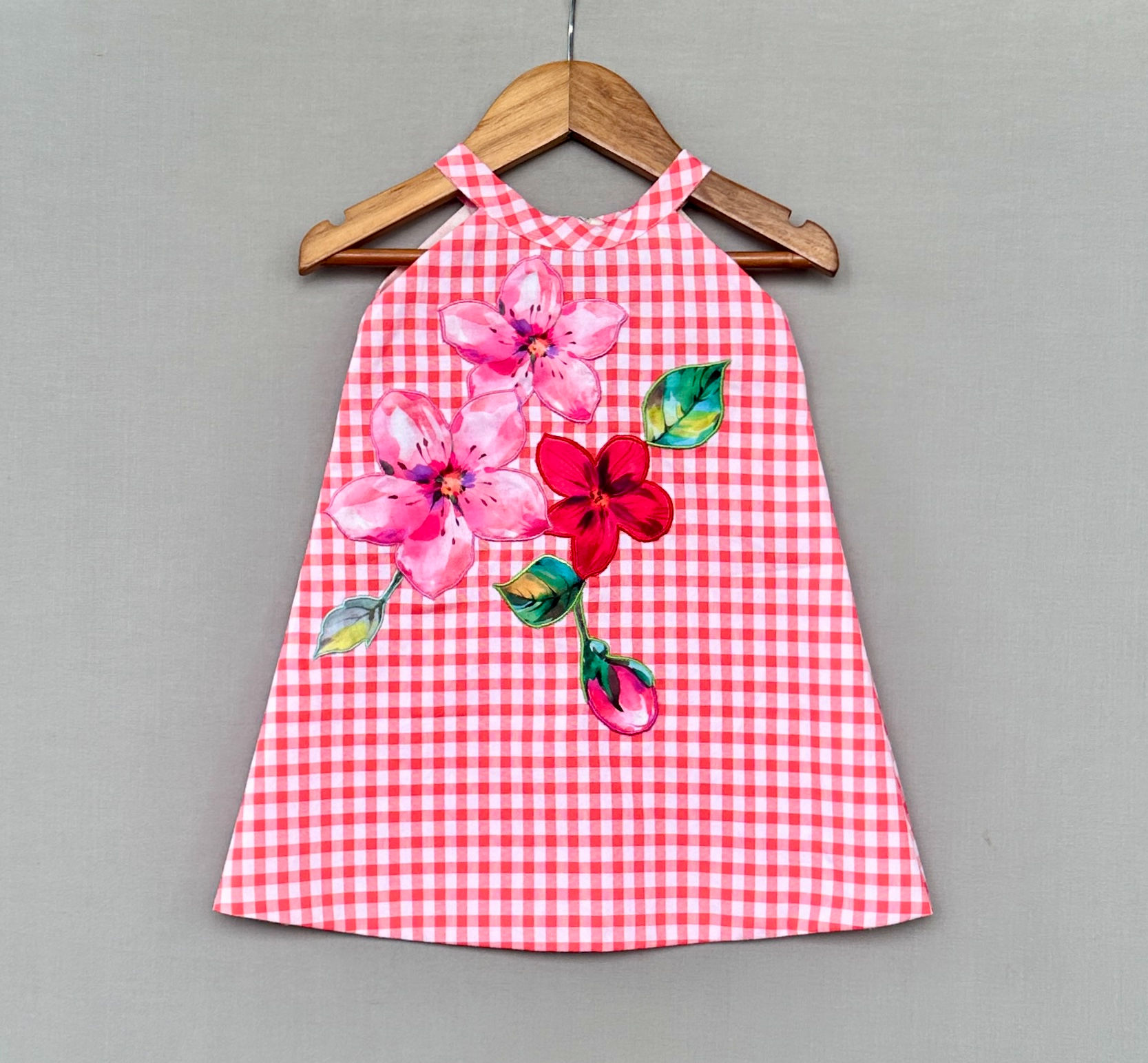 Red Gingham Checks Applique Dress