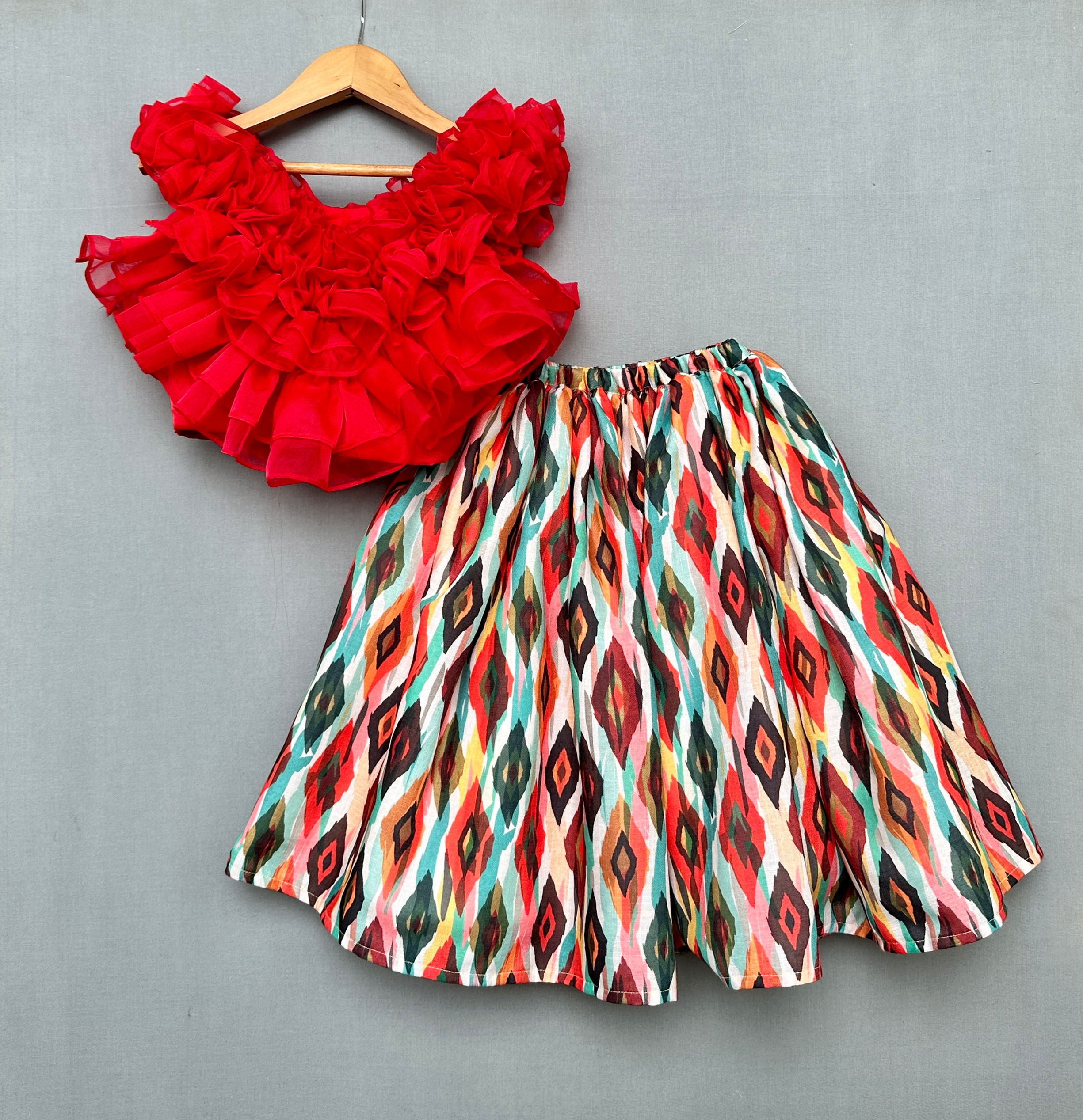 Red Organza Ruffled Top With Printed Lehenga