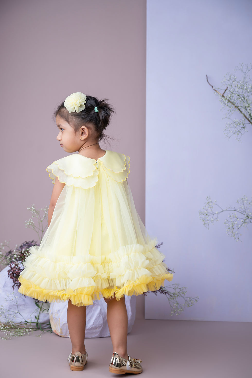 Thumbnail: Organza Embroidered Cape Collar Dress in Yellow