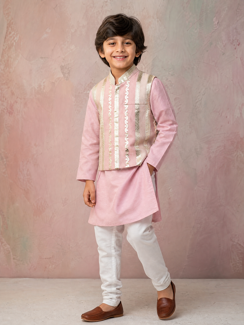 Thumbnail: Pink Kurta With Zari Detailed Multi Tone Jacket And Pyjama