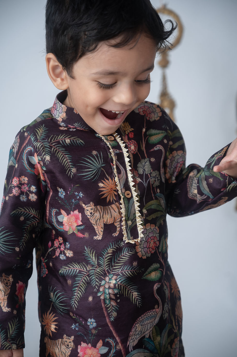 Thumbnail: Wine coloured Jungle Print Kurta Set with White Pants