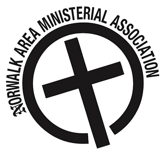 Black circle with cross in the middle and Norwalk Area Ministerial Association around the outside of the circle