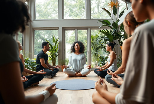 Eye-level view of a serene meditation session in a circle with a small group with Black, A