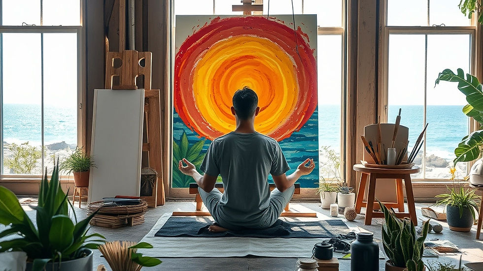 Man meditating in front of colored painting in a art studio by the beach