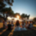 Shot from far away, quite far away, a group of ten people from diverse background meditati