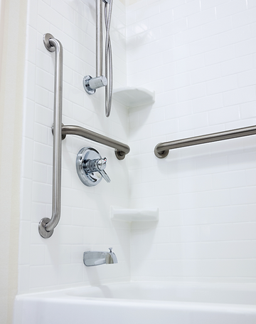 Safety bars in a bathroom for use by elderly or those with mobility concerns.