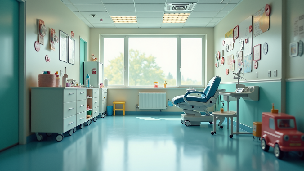 Eye-level view of a pediatric examination room with colorful decorations