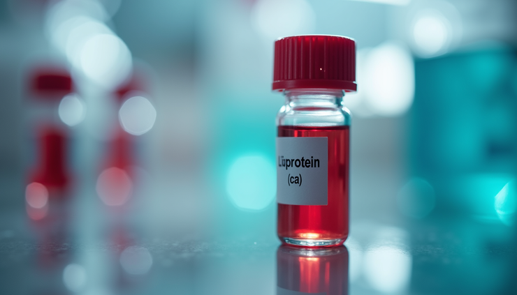 Close-up view of a blood sample vial labeled Lipoprotein (a) test
