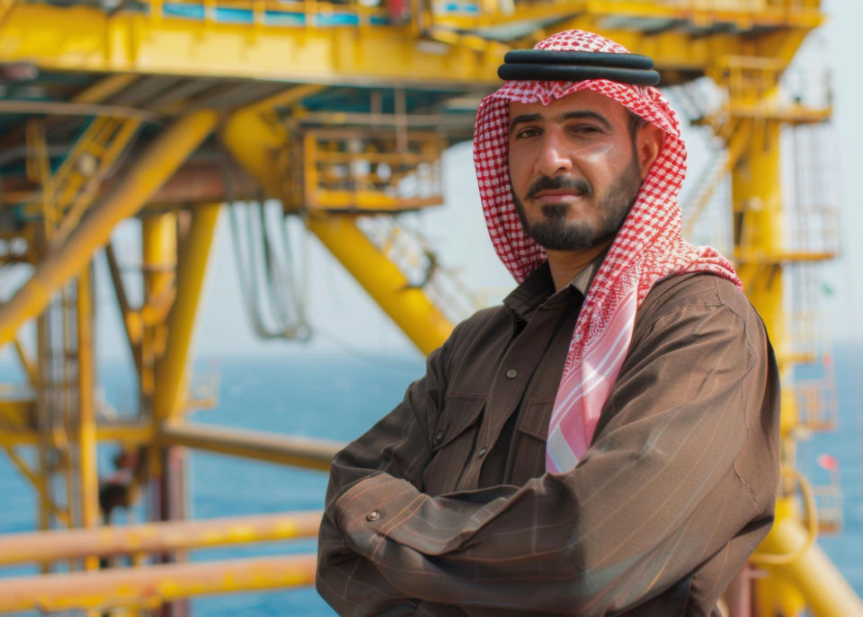 Man stands with arms crossed in front of an oil rig, looking at the camera.
