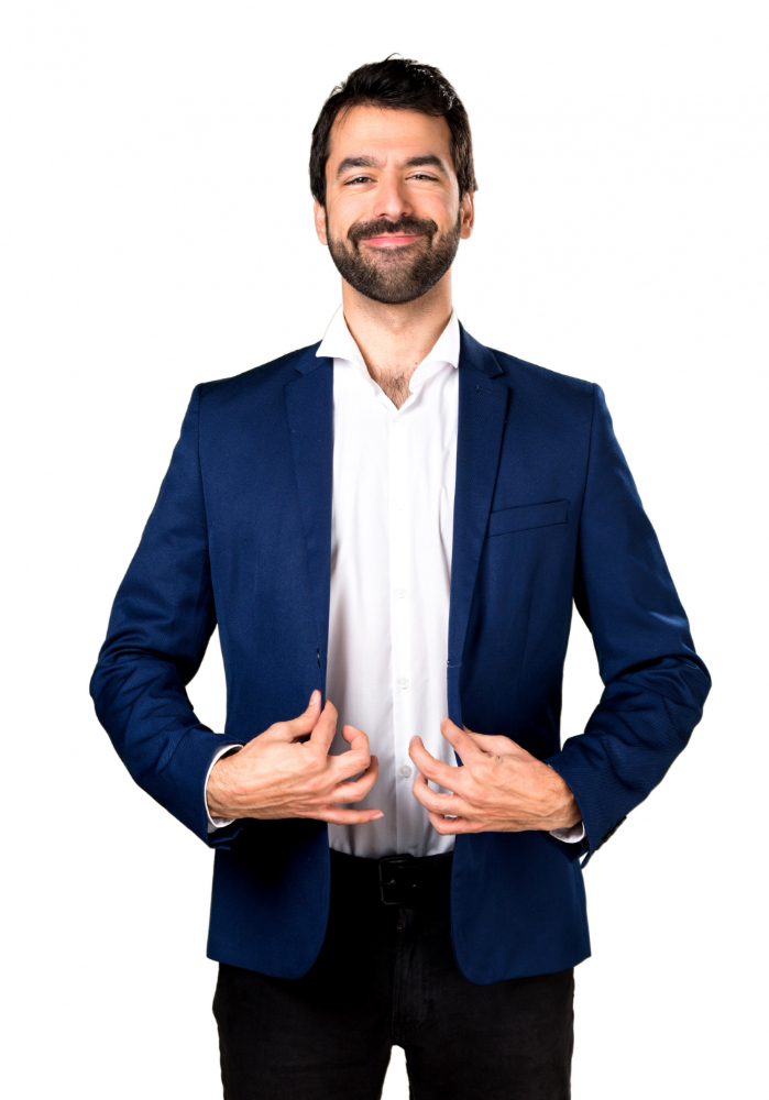 Smiling man in blue suit, pleased expression