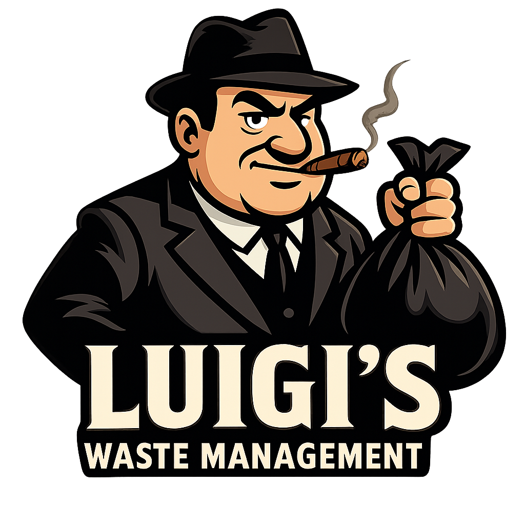 Cartoon mobster Luigi with cigar, trash bag. LUIGI'S WASTE MANAGEMENT logo.