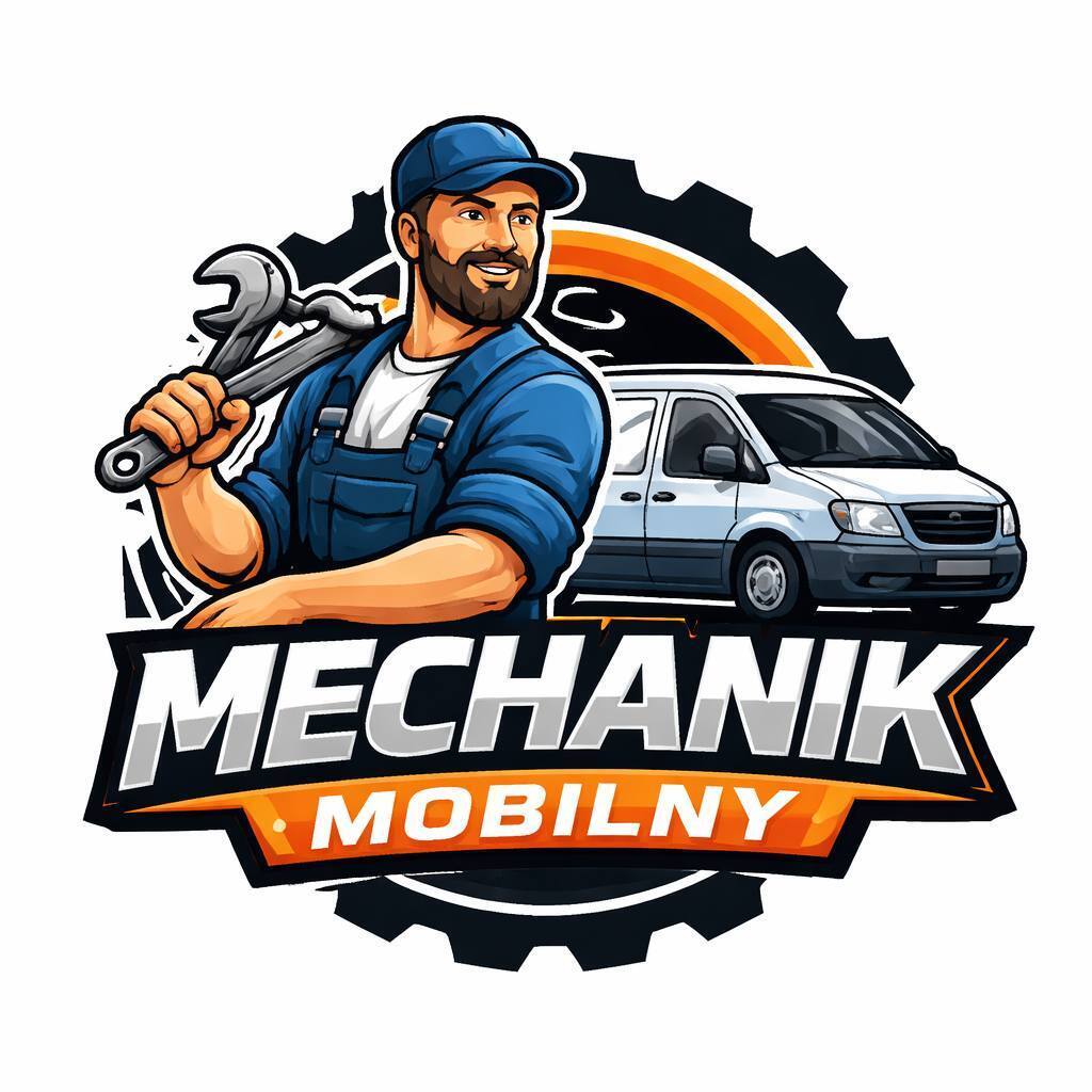 Bearded mechanic holding wrench, 'MECHANIK MOBILNY' text, white service van logo.