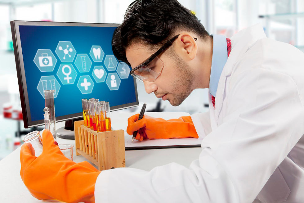 Male scientist in lab, writing, studying test tubes, medical icons.