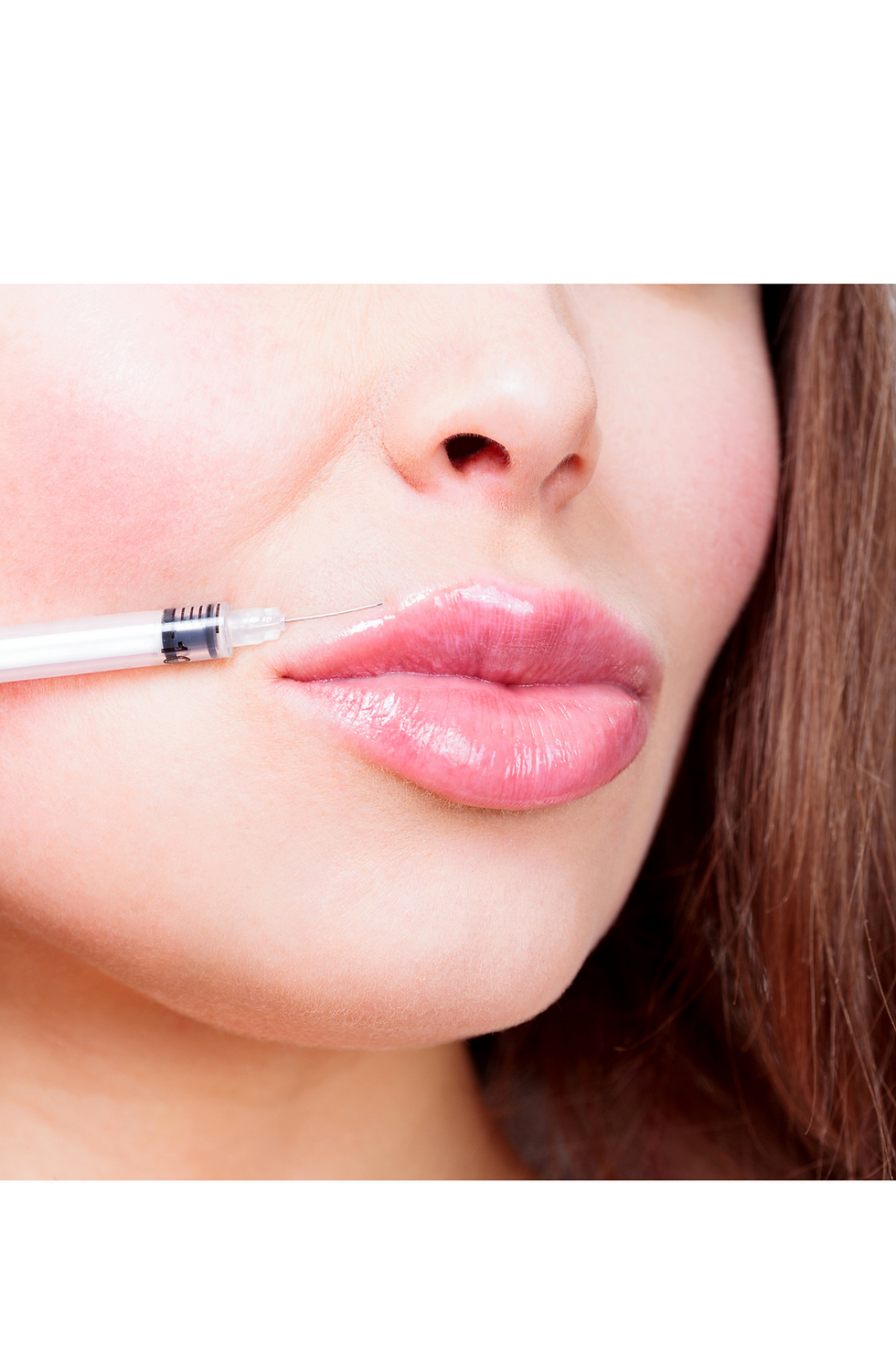 Lips being injected, plump and aesthetic, with a needle for cosmetic enhancement
