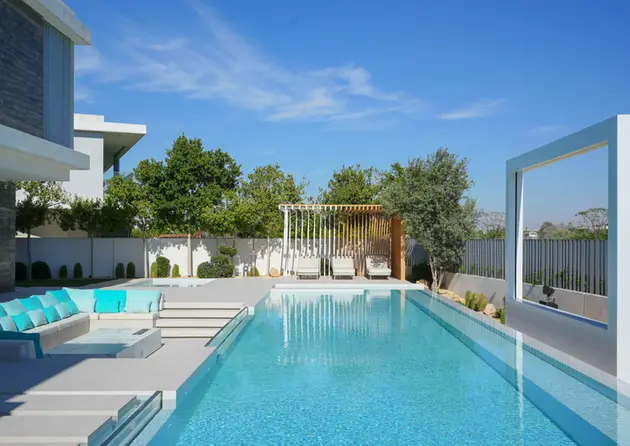 swimming pool and wooden pergola