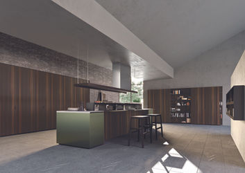 Kitchen with contemporary and modern design in white matt laminate with corner tall open shelving and integrated lighting. Open metal shelving for glasses, tings, boxes, ingredients, sauce bottles, spice jars and recipe books. Island hood with shelf system . U shaped designed kitchen that is clean and minimal 
Marble wall splashback and glass wall units to equipped and showcase display pieces.
