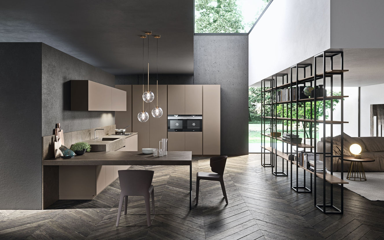 Modern kitchen layout in beige lacquer with a clean and minimal look, integrated dining table top in wood and metal frame leg support. Quartz countertop and backsplash with flip up wall unit and under cabinet LED lighting. Tall units with concealed handle system. 