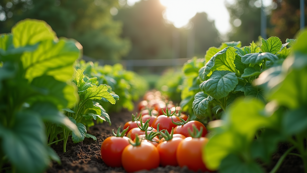 Eye-level view of a raised vegetable garden bed filled with leafy greens and colorful vegetables