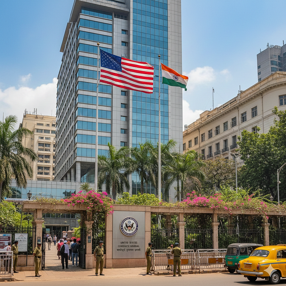 The U.S. Consulate General in Chennai, India, where visa applicants gather for their interviews, with the American and Indian flags prominently displayed.
