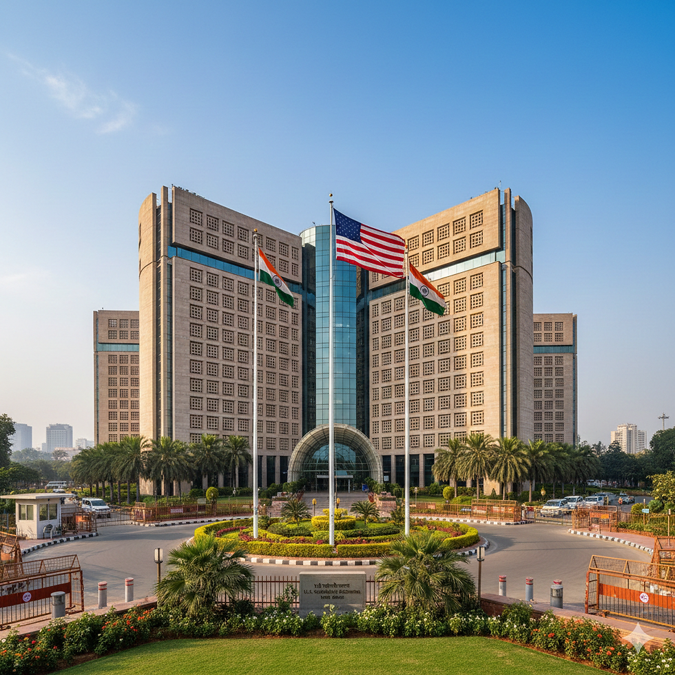 U.S. Consulate in Delhi framed by the Indian and American flags, offering guidance for a successful visa interview.