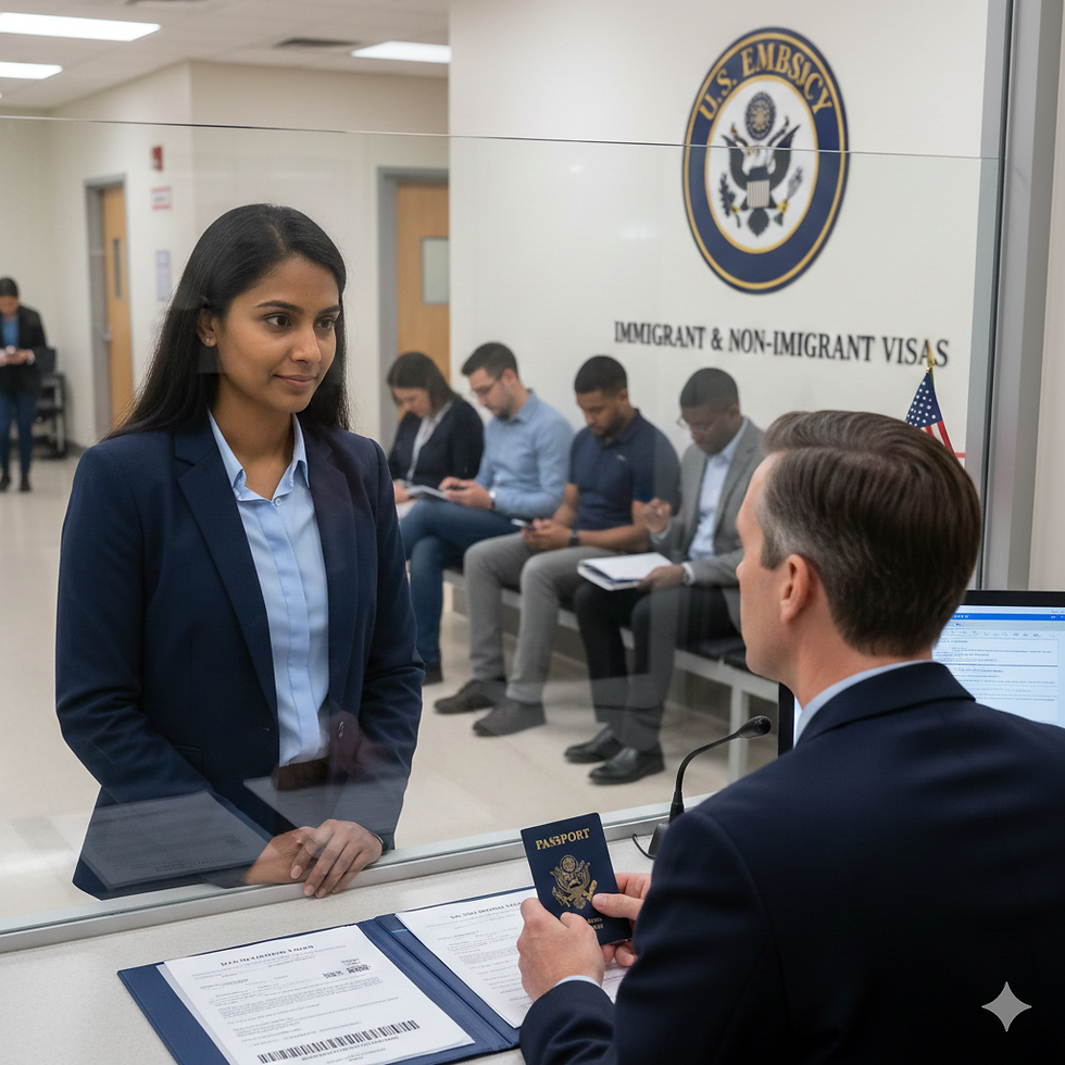 Applicant attending a U.S. work visa interview at the embassy, preparing to discuss documents with the consular officer.