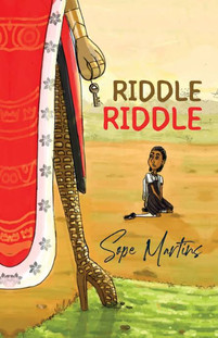A young girl in school uniform looks up in awe at a tall figure cloaked in vibrant patterned fabric holding a key; titled “Riddle Riddle” by Sope Martins.