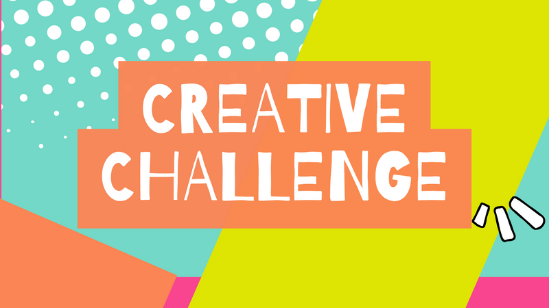 Bright design with the words “Creative Challenge” in bold white text on an orange block with colourful shapes in the background.