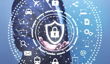 man holding holographic projected image of secured internet access and computer hardware icons