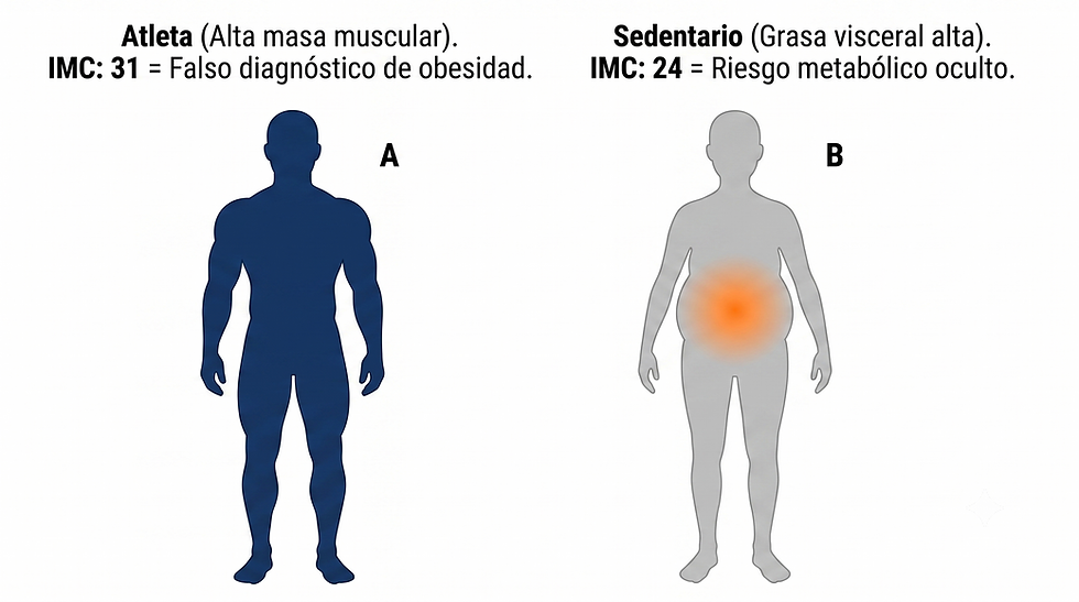 El IMC no distinge masa muscular de masa grasa, por ello puedes tener riesgos metabólicos aumentados aunque el IMC parezca normal.