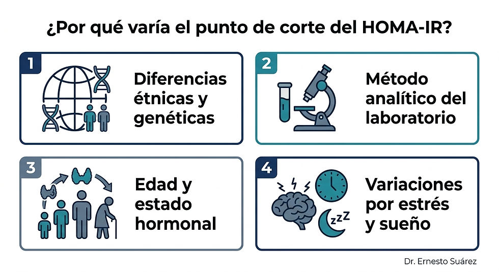 Infografía explicativa sobre las razones por las que el índice HOMA-IR varía según la población, laboratorio y edad.