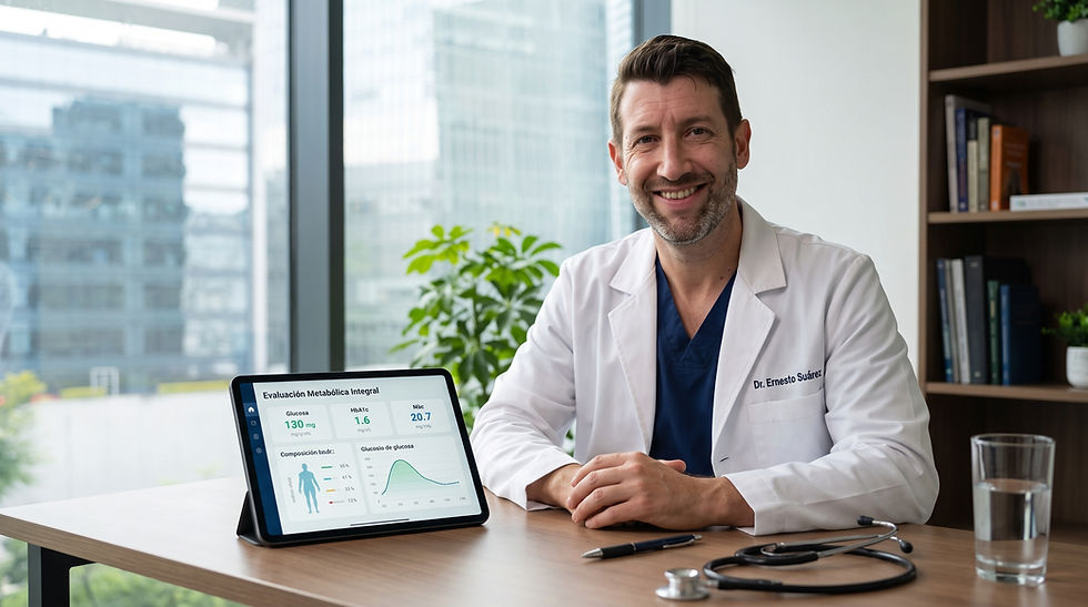 El Dr. Ernesto Suárez en el consultorio explicando los componentes de una evaluación metabólica integral para diagnosticar la resistencia a la insulina.