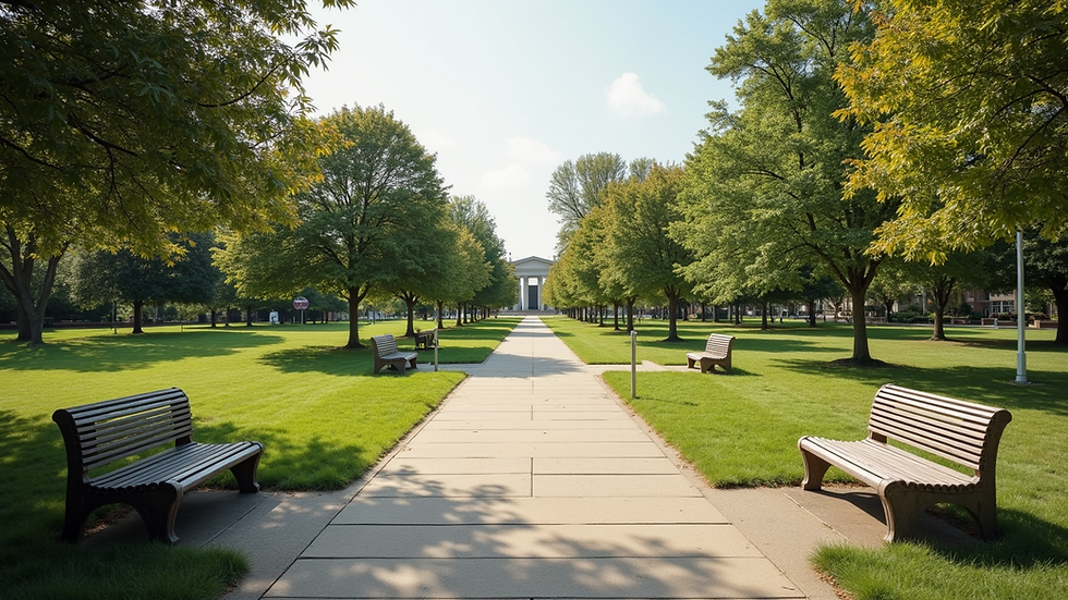 Wide angle view of a landscaped veterans memorial park with pathways and benches