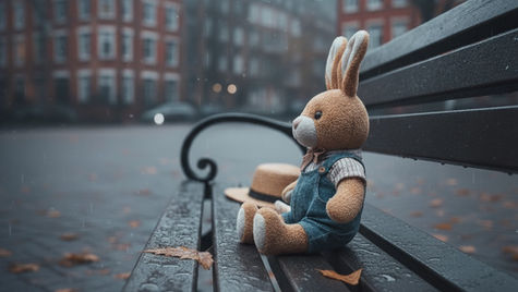 une peluche lapin habillé avec une salopette, assise sur un banc public mouillé dans la rue, avec des feuilles mortes et un ciel gris