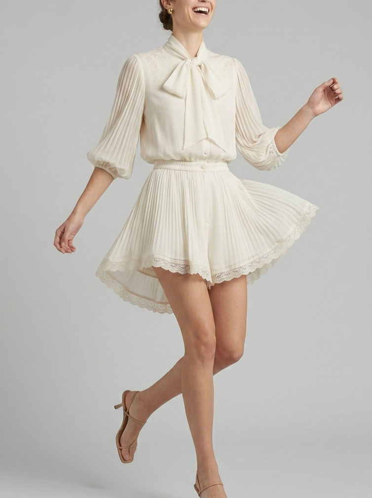 LACE-TRIM PLAYSUIT WITH BOW NECK