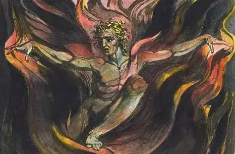 Part of an illustration of the character "Orc" from William Blake's visionary fictional mythology - from 'Plate 12' of his poetry/art-work "America a Prophecy". Blake's frequent painting of flame on or around Orc, who represents the spirit of revolution & societal change, is influential on my descriptions of passion & action, visible in this short essay.