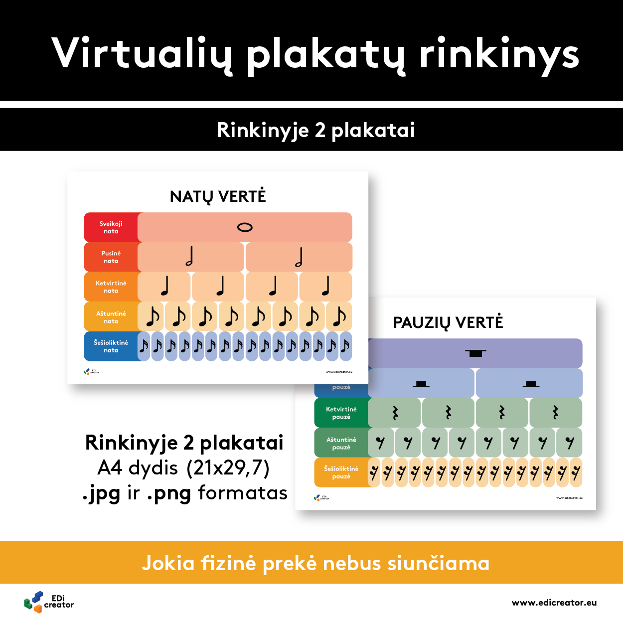Virtualus plakatas | Natų ir pauzių trukmė | Juodos ikonos | A4