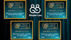 Teal curtains with the Simpler Law Logo in the centre surrounded by 'Shortlisted' certificates for the company.