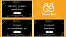 Award finalist graphics for British Wills and Probate Awards 2026 for Simpler Law on an orange background.