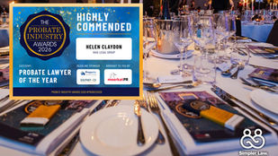 Background of  dining table, top left a certificate-looking graphic with the Probate Industry Awards 2026 logo, Highly Commended for Helen Claydon and the sponsors: MeerkatPR, Property Solutions Group and Southey & Co. At the bottom right of image is the Simpler Law logo.