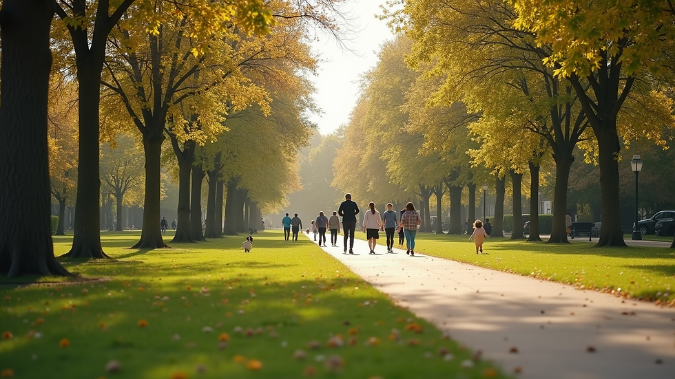 Eye-level view of a community park with people walking and jogging