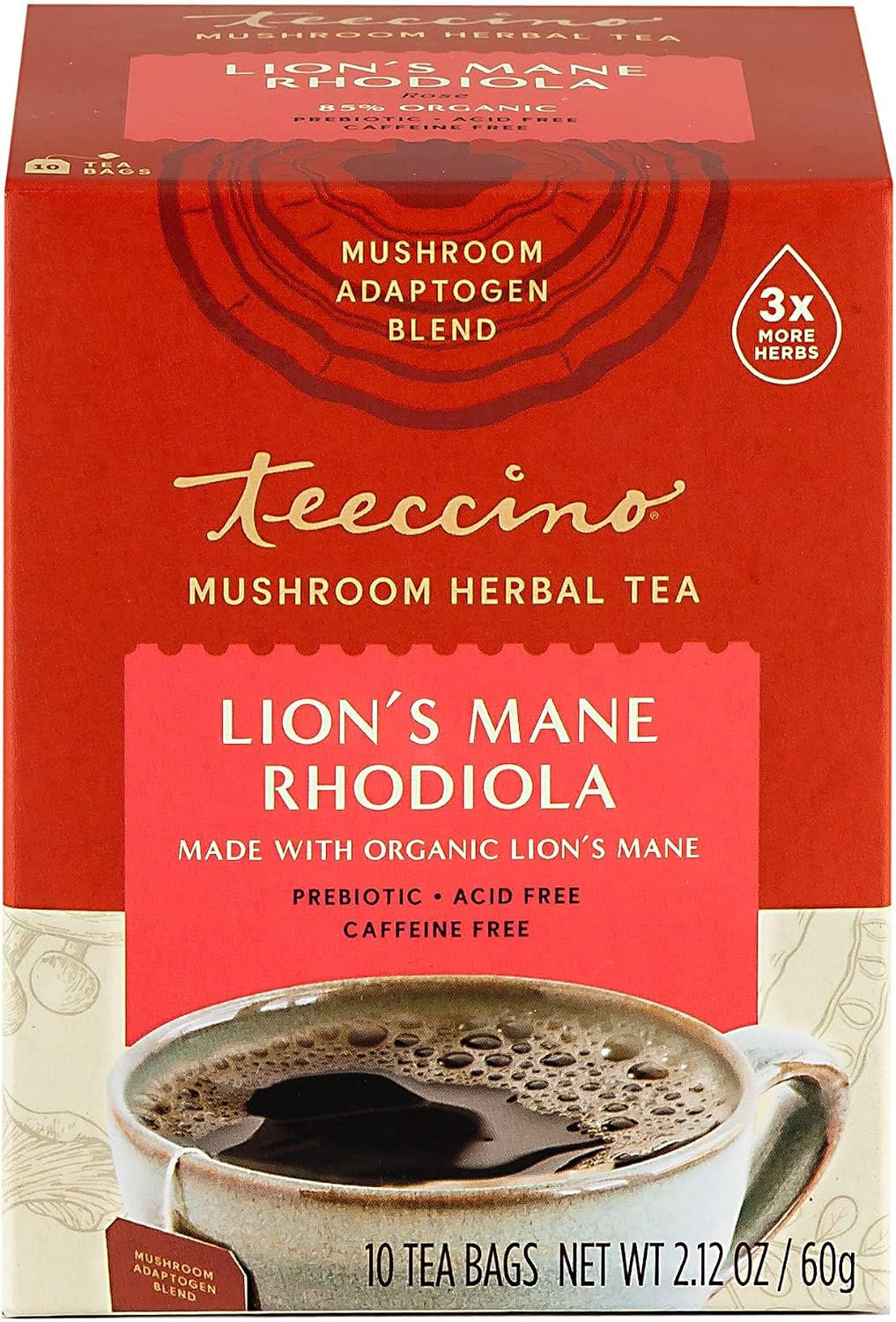 Teeccino Mushroom Herbal Tea Lion’s Mane Rhodiola (10 Tea Bags)