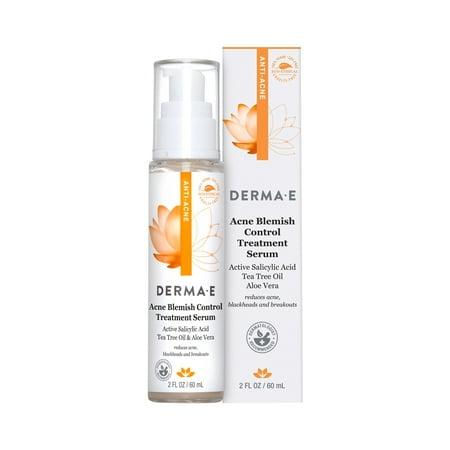 DERMA-E Acne Blemish Control Treatment Serum with salicylic acid, shown with bottle and packaging, formulated for breakout-prone skin.